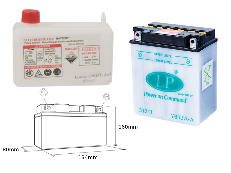 LANDPORT akumulátor YB12A-A (MD LB12A-A) 12V 12AH 134X80X160 (GB12AA) obsluhovaný - elektrolyt zvlášť (4) UE48